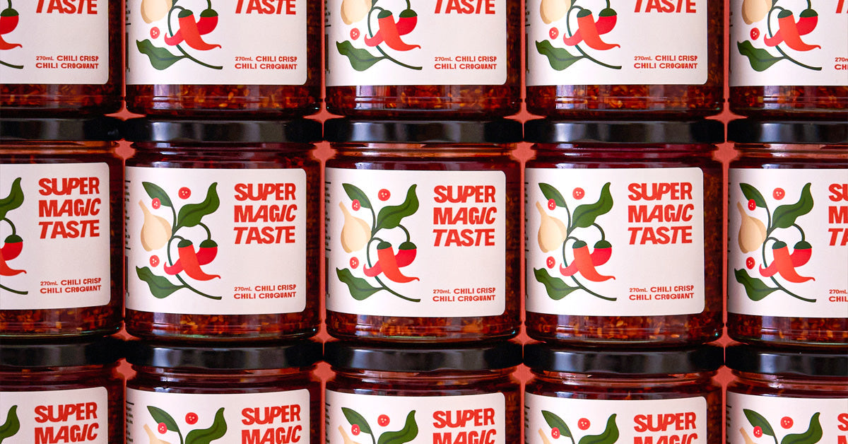 Jars of Super Magic Taste chili crisp showing the ratio of crunchy solids to oil